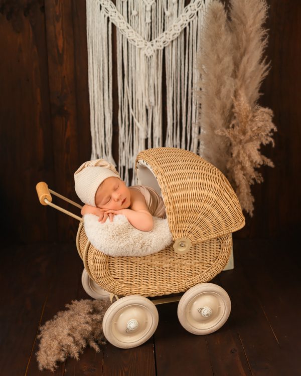 Neugeborenes Baby schläft in einem kleinen Bettchen, Studiofotografie